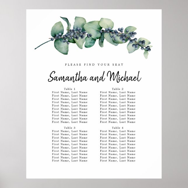 Large Eucalyptus Berry 4-Table Seating Chart (Front)
