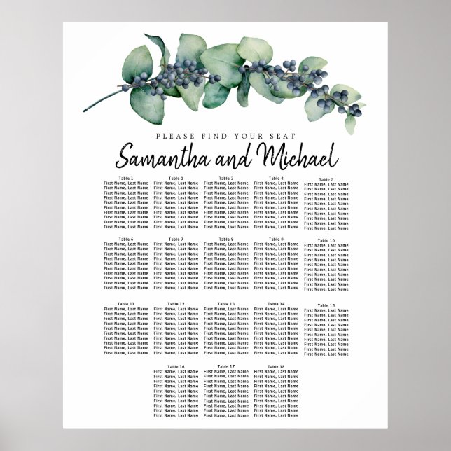 Large Eucalyptus Botanical 18-Table Seating Chart (Front)