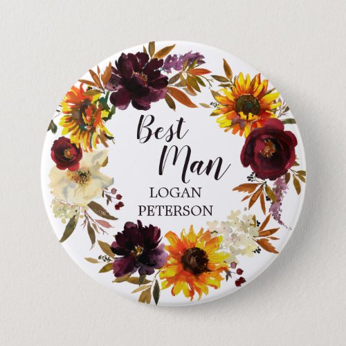 Large Fall Flowers Sunflower Best Man Wedding Button