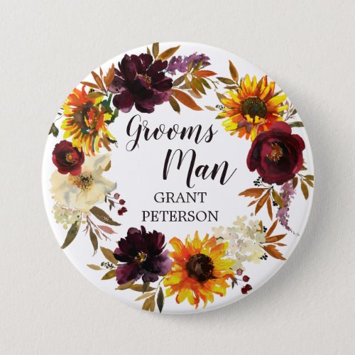 Large Fall Flowers Sunflower Groomsman Wedding Button