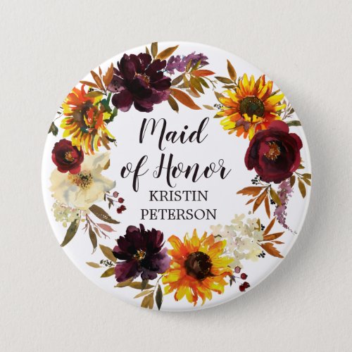 Large Fall Flowers Sunflower Maid of Wedding Button