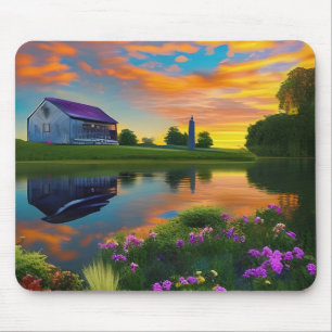Large farmhouse purple roof at sunset mouse pad