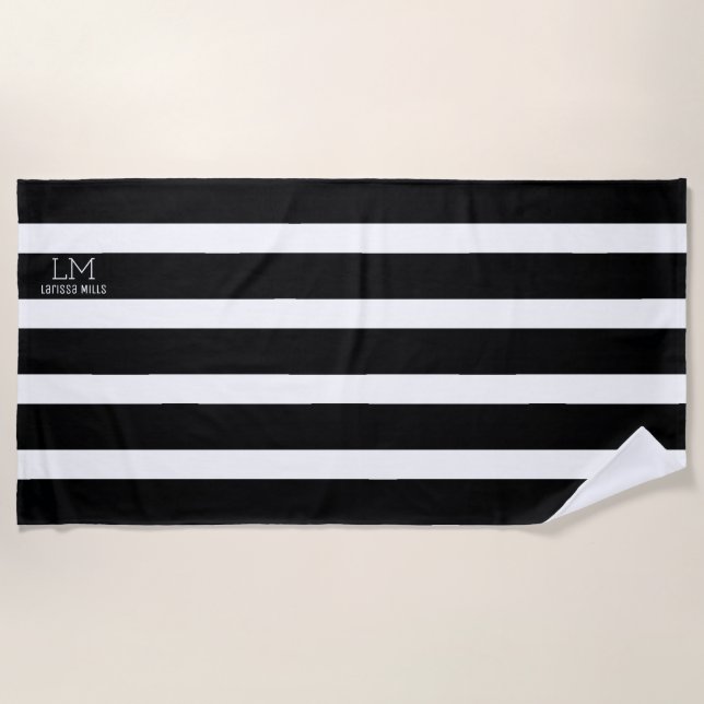 large fashion black & white stripes monogrammed beach towel (Front)
