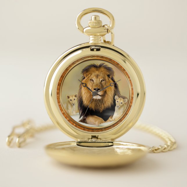 Large father lion with his baby cubs pocket watch (Inside)