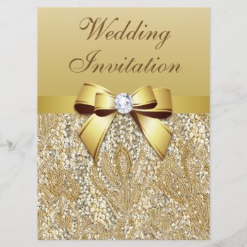 Large Faux Gold Sequins And Bow Wedding Invitation by GroovyGraphics at Zazzle