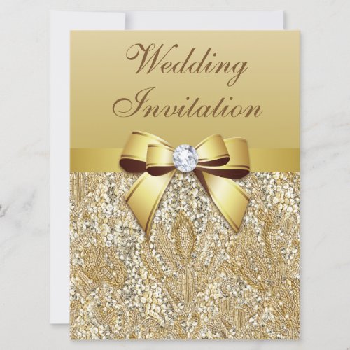 Large Faux Gold Sequins and Bow Wedding Invitation
