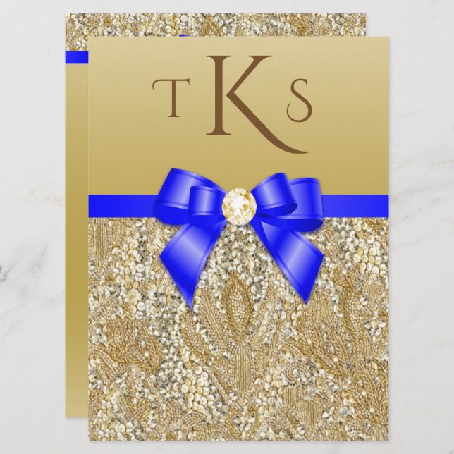 Large Faux Gold Sequins Royal Blue Bow Wedding Invitation (Front/Back)