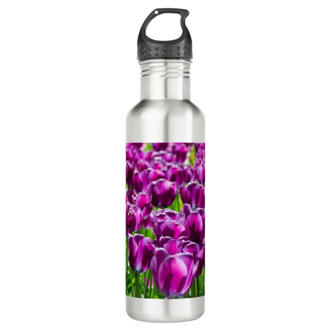Large field of purple tulips    stainless steel water bottle (Front)