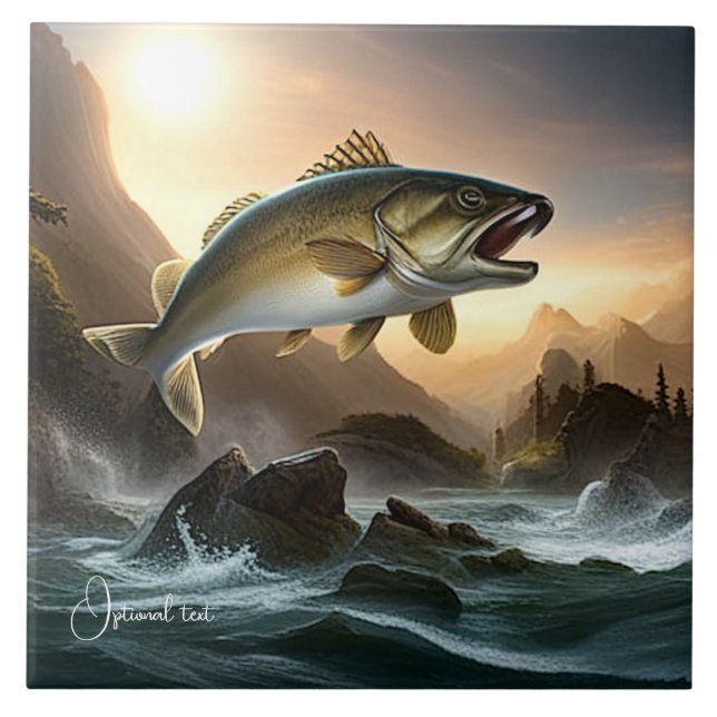 Large Fish Leaping in Rapids Ceramic Tile (Front)
