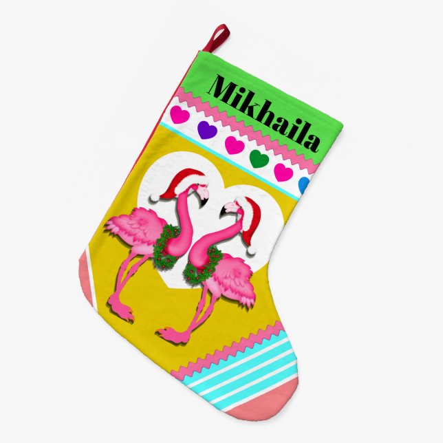 Large Fleece Flamingo Christmas Stocking (Front (Hanging))