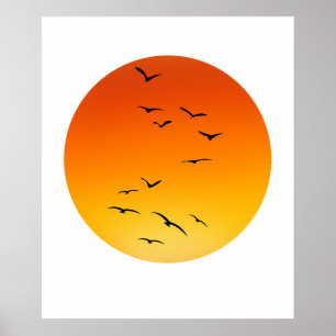 Large Flock of Birds flying toward a Glowing Sun. Poster