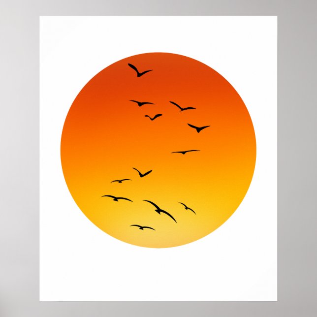 Large Flock of Birds flying toward a Glowing Sun. Poster (Front)