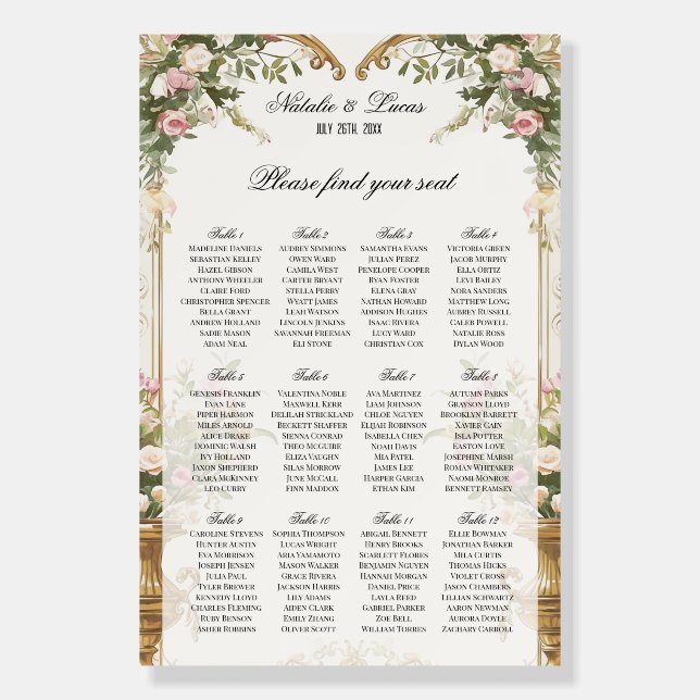 Large Floral Arch 12 Table Seating Chart  Foam Board (Front)