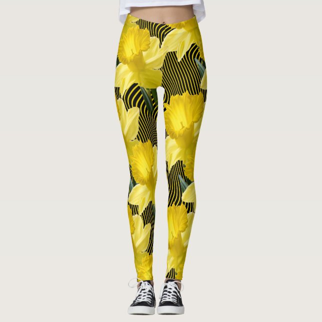 Large Floral Daffodils Wavy Yellow Stripe on Black Leggings (Front)