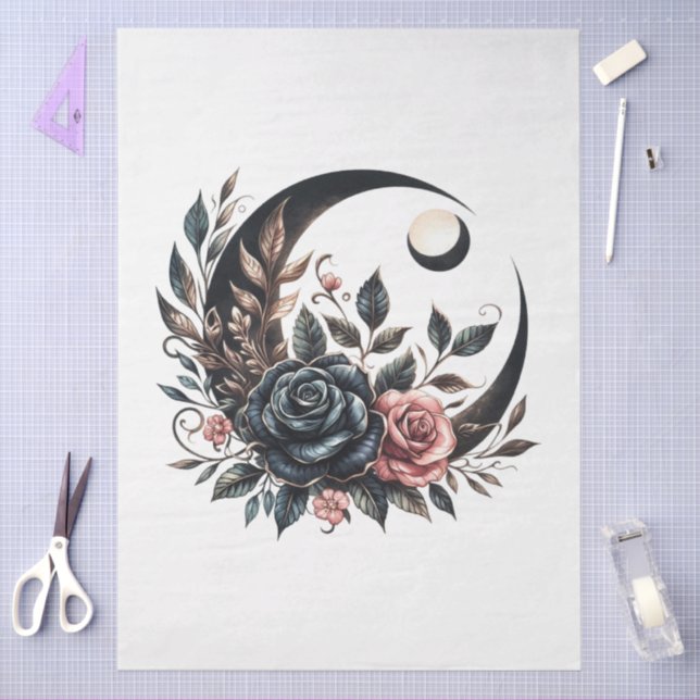 Large Floral Goth Crescent Moon & Roses Decoupage Tissue Paper (Craft)