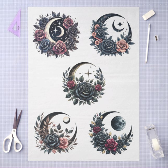 Large Floral Goth Crescent Moons & Roses Decoupage Tissue Paper (Craft)