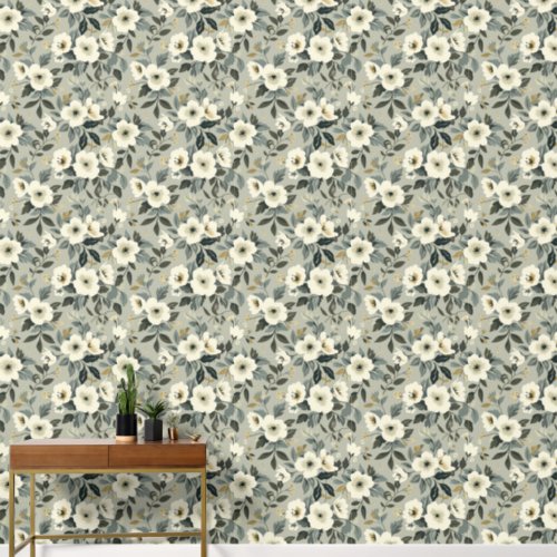 Large Floral Green White and Gray Wallpaper