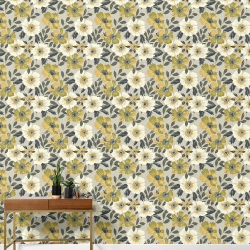 Large Floral Green White and Gray Wallpaper