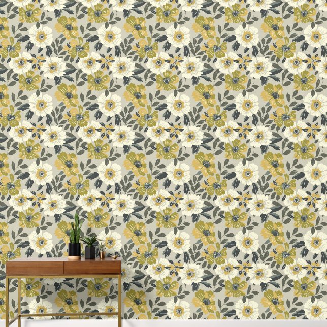 Large Floral Green White and Gray Wallpaper (Hallway)