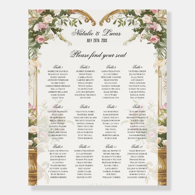 Large Floral Wedding Seating Chart for 12 Tables   Foam Board (Front)