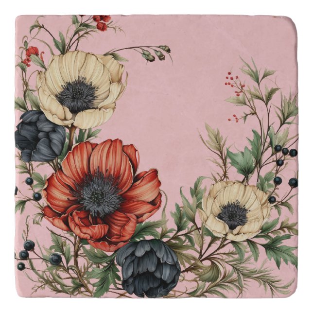 Large Florals Rich Rust, Deep Purple, Cream Trivet (Front)