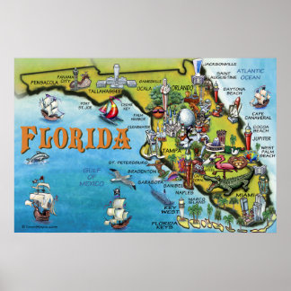 Large Florida Cartoon Map Poster