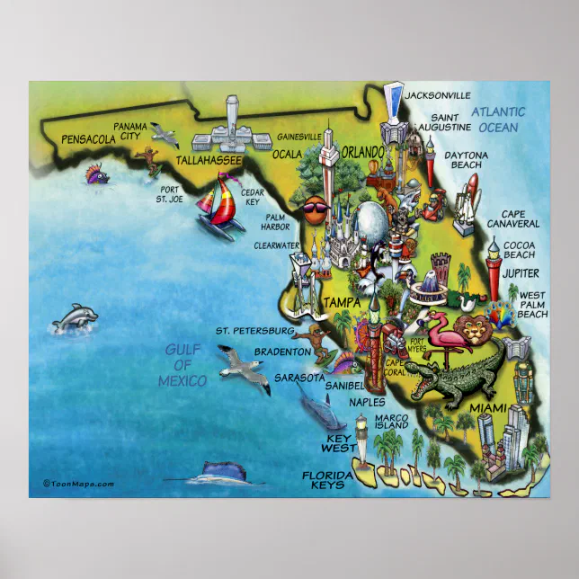 Large Florida Cartoon Map Poster | Zazzle