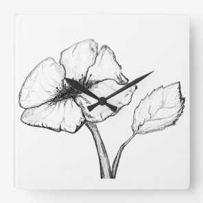 Large Flower Long Stem Cut and Sketched Square Wall Clock