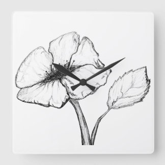 Large Flower Long Stem Cut and Sketched Square Wall Clock