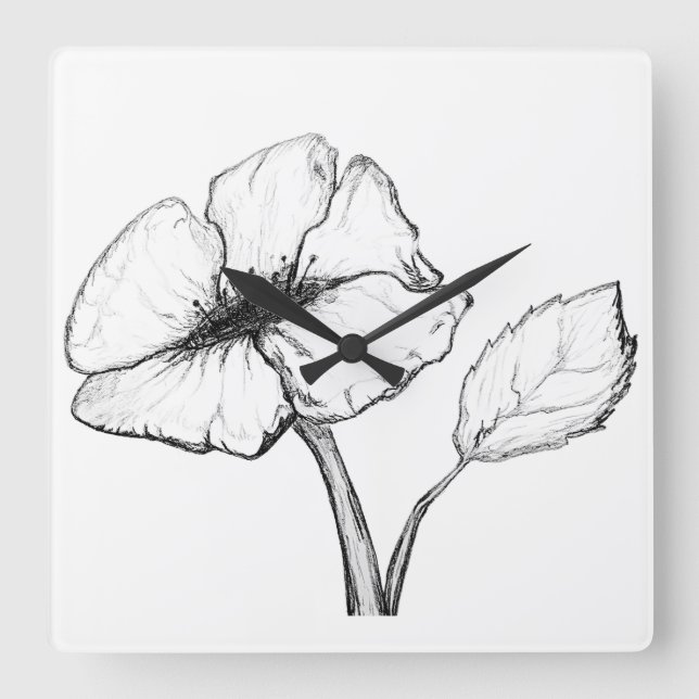 Large Flower Long Stem Cut and Sketched Square Wall Clock (Front)