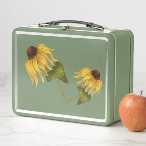 large flower with yellow petals and pollen metal lunch box