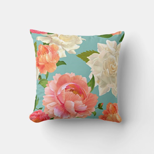 Large Flowers on Blue Vintage Country Throw Pillow (Front)