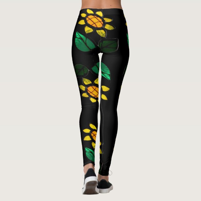 Large Flowers Stained Glass Black Leggings (Back)