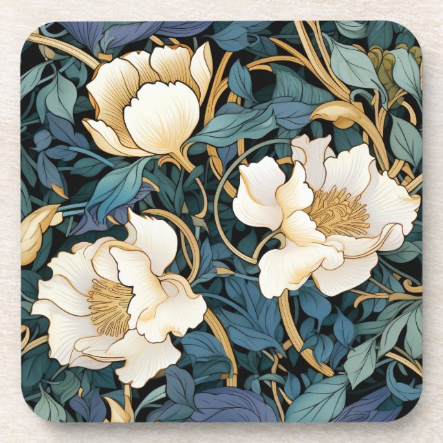 Large Flowers William Morris Inspired Hard Plastic Beverage Coaster (Front)