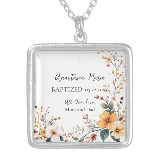 Large Flowers with Vines of Buds Baptism Gift      Silver Plated Necklace (Front)