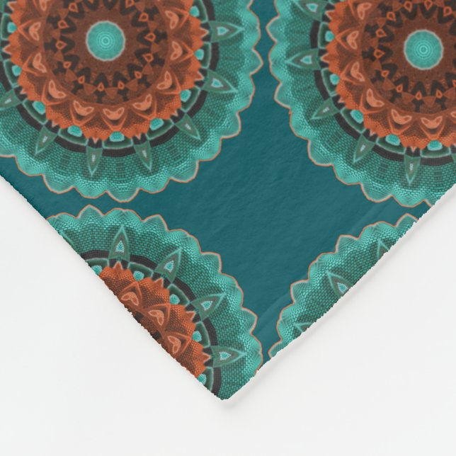 Large Flowery Teal Brown Orange Pattern Fleece Blanket (Corner)