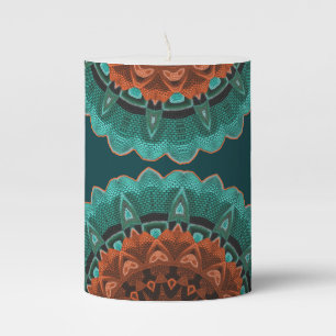 Large Flowery Teal Brown Orange Pattern Pillar Candle
