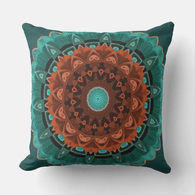 Large Flowery Teal Brown Orange Patterned Throw Pillow (Front)