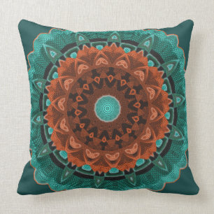 Large Flowery Teal Brown Orange Patterned Throw Pillow
