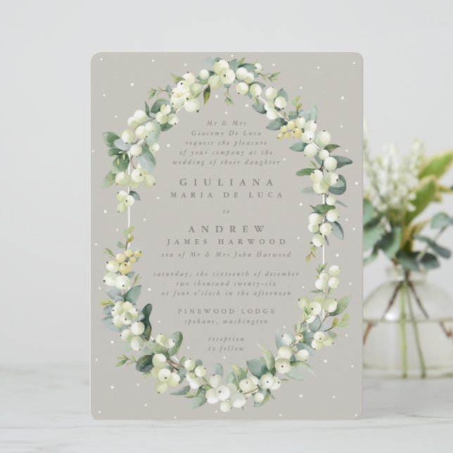 Large Formal Greige Snowberry+Eucalyptus Wedding Invitation (Standing Front)