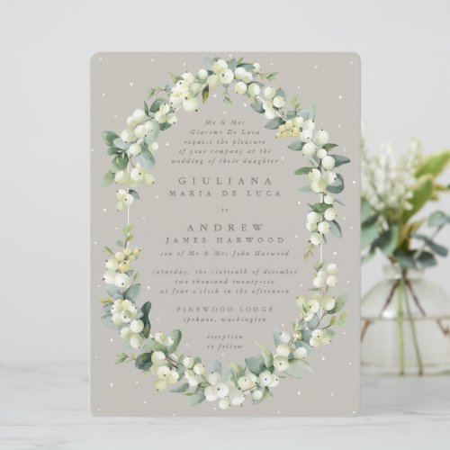 Large Formal Greige SnowberryEucalyptus Wedding Invitation