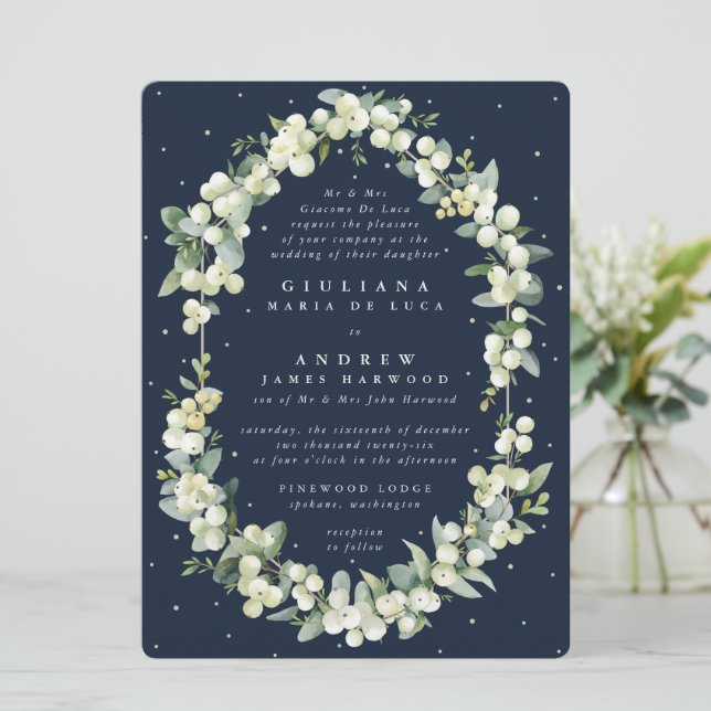 Large Formal Navy Snowberry + Eucalyptus Wedding Invitation (Standing Front)