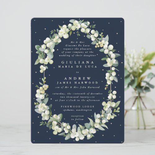 Large Formal Navy Snowberry  Eucalyptus Wedding Invitation