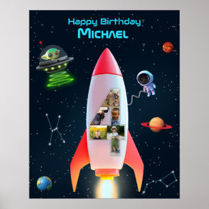 Large Four with Photos Rocket Space 4th Birthday Poster