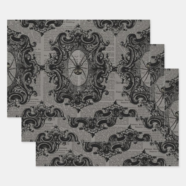 Large Framed Spider on Dark Grey Wrapping Paper Sheets (Set)