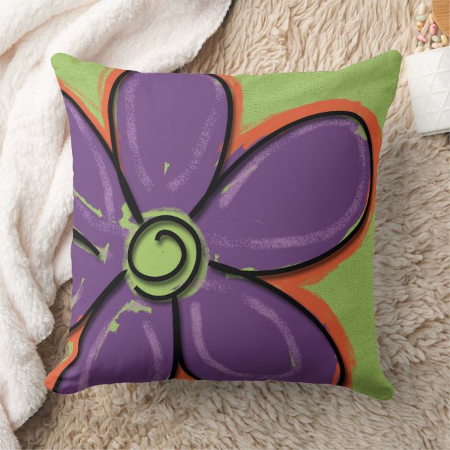 Large Fun Purple Painted Flower Throw Pillow (Blanket)