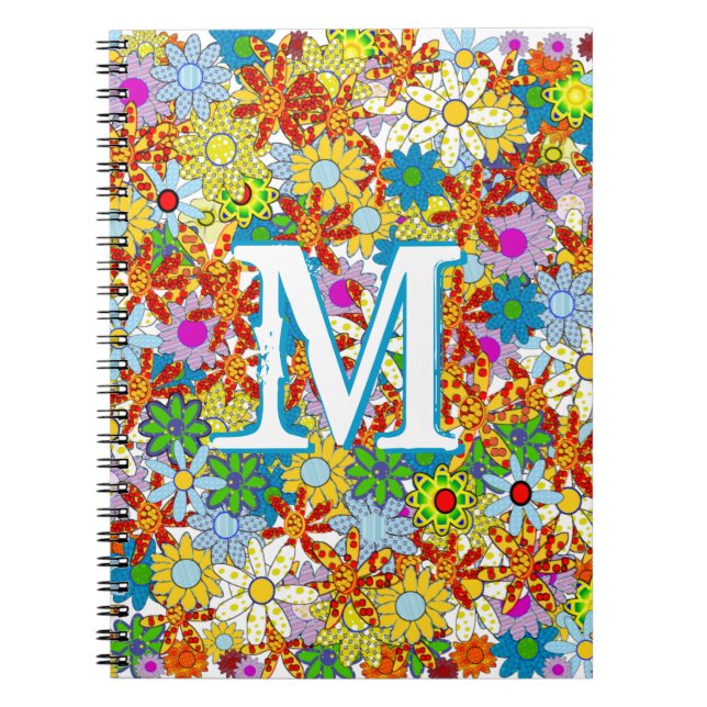 Large Funky Monogram Floral Pattern Bright Colors Notebook (Front)