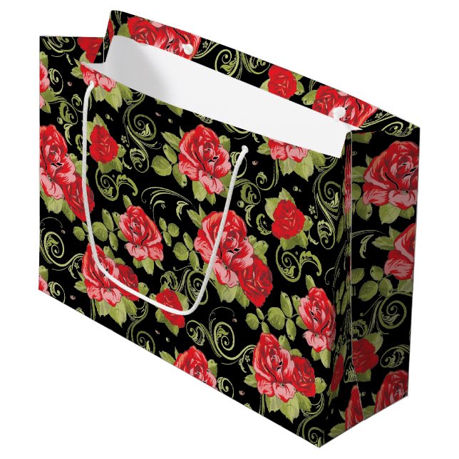 Large Gift Bag-Red Roses Print Bag (Front Angled)