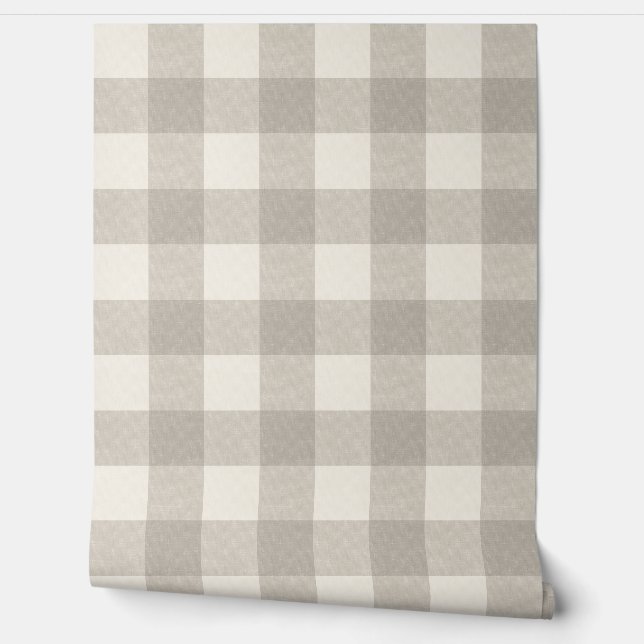 Large gingham checks plaid neutral beige wallpaper  (Unrolling)