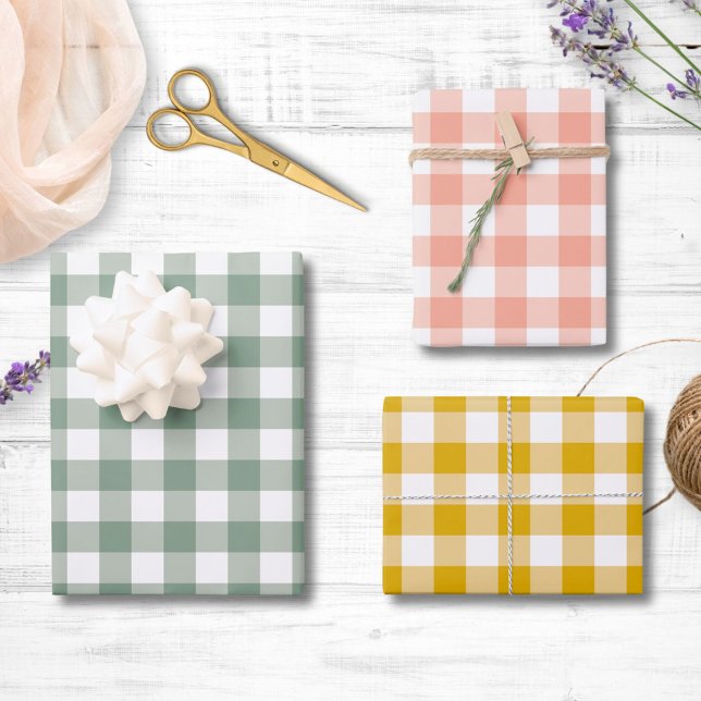 Large Gingham Patten in Sage Green, Peach, Yellow Wrapping Paper Sheets (In situ)